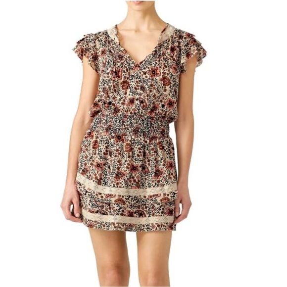 SAYLOR Brown Tan Flutter Sleeve Mini tiered dress with Tie Front size M - Picture 1 of 8